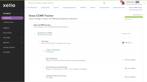 A student's profile in an educator account in Xello. The Texas CCMR Tracker tab is open. The student has some requirements met, and some requirements planned.